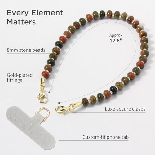 POSADINA Natural Stone Phone Charm, Beaded Healing Phone Wrist Strap, Handmade Cellphone Chain Lanyard with Tether Tab - color: Earth Mosaic