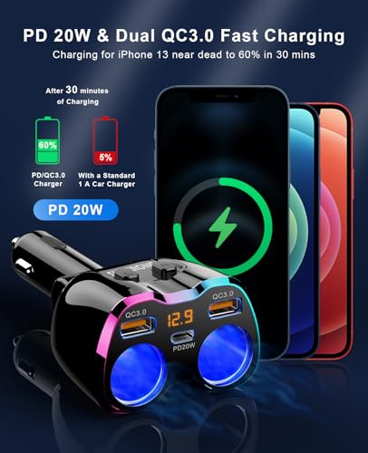 Cigarette Lighter Splitter, 180W 2-Socket Cigarette Lighter Adapter - color: Pinkish Blue