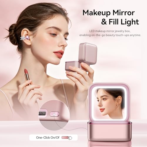 Clip On Earbuds with Detachable Butterfly Earrings & LED Makeup Mirror Case, Wireless Earbuds Bluetooth 6.0, Air Conduction Headphones, Lightweight for Travel Work Daily Use,Great Gift Choice - color: Blush Pink