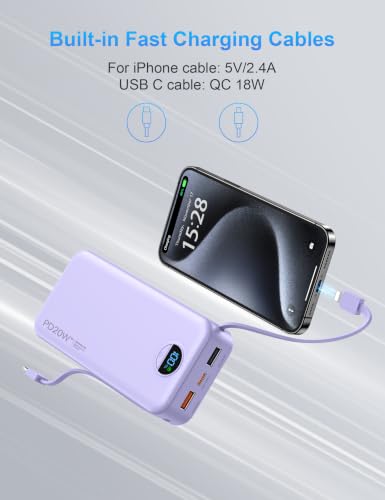 Ffnpua Portable Charger Power Bank 20000mAh PD20W w/Built-in Cables