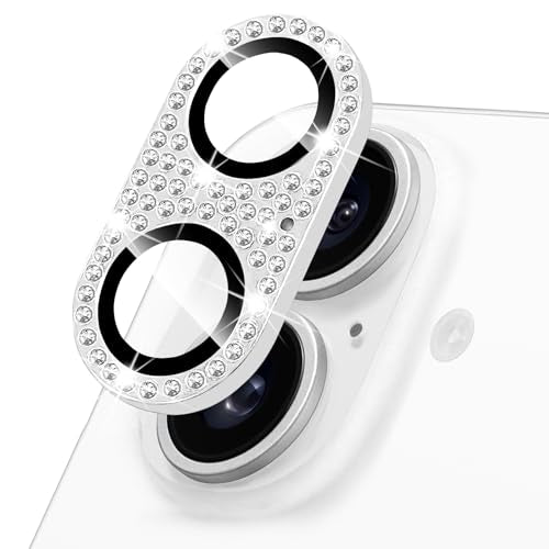 Compatible with iPhone 16 and 16 Plus Camera Lens Protector, Bling Rhinestone Sparkle Diamond 9H Tempered Glass Lens Cover Shockproof Full Protective Camera Cover - color: Silver Diamond, size: for iPhone 16 / 16 Plus