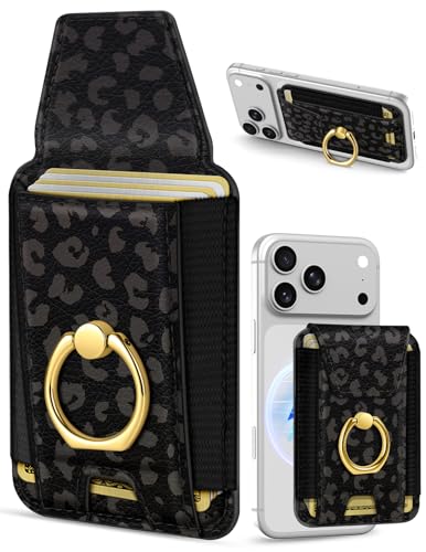 Shorogyt Compatible with Magsafe Wallet with Ring Grip Magnetic Card Holder - Cute Phone Wallets with Stand for iPhone 17/16/15/14/13/12 Series for Women Girls Dark Leopard Design, Fit 7 Cards - color: Dark Leopard