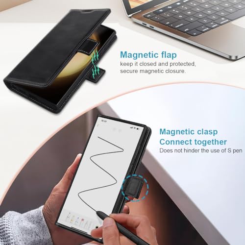 KEZiHOME Genuine Leather Wallet Case for Samsung Galaxy S24 Ultra Black | Black, RFID Blocking Card Slot, Kickstand, Magnetic Protective Phone Folio Cover, Compatible with Galaxy S24 Ultra - color: Black