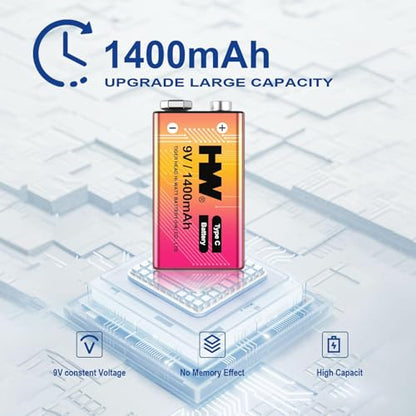 HW 9V Batteries 1400mAh 4 Pack, USB-C Lithium for Smoke Detectors - size: 4-Pack
