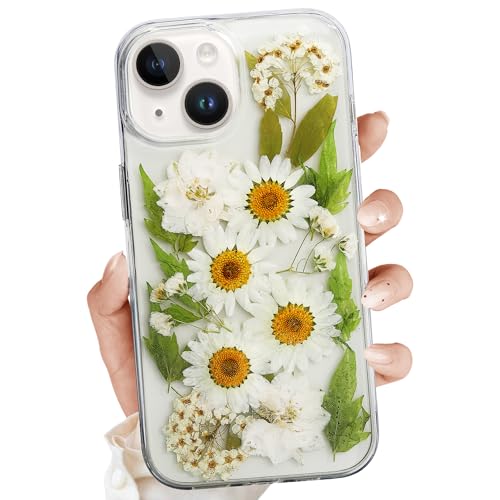 YUCHii for iPhone 14 Clear Case,Aesthetic Floral Phone Case with Pressed Real Flowers Design,Glitter Cute Floral Pattern Women's Phone Case Slim Soft TPU Protective Girl's Phone Cover for iPhone 14 - color: White Yellow 3, size: iPhone 14