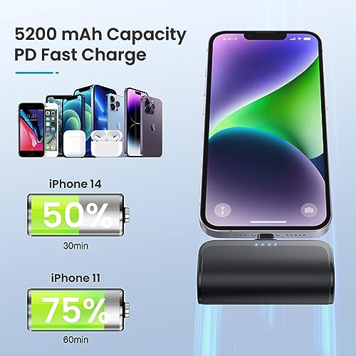 Mini Portable Charger Power Bank for iPhone,5200mAh Portable Phone Charger, Ultra-Compact PD Fast Charging Battery Pack Compatible with iPhone 14/14 Plus/Pro Max/13/12/12 Mini/11/XS/XR/X/8/7/6/6s - color: Black