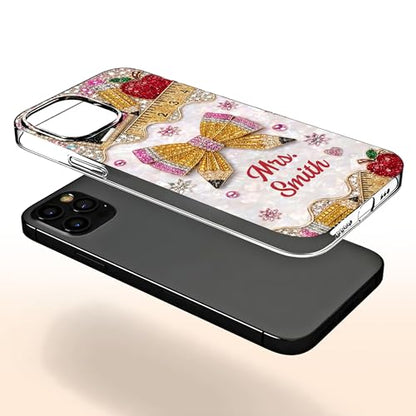 Mrs. Pencil Bow and Red Apple 3D Rhinestone - Personalized Clear Phone Case Teacher Appreciation Gift Tech Accessories