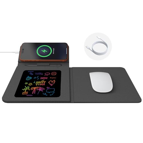 Foldable Travel Mouse Pad with 15W Qi Wireless Charger & Writing Tablet - color: Black