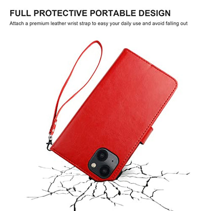 Bocasal Detachable Wallet Case Card Holder for iPhone 14, Red | RFID Blocking Kickstand Card Slots Holder PU Leather Magnetic Shockproof Wrist Strap Removable Flip Protective Cover 6.1 inch - color: Red