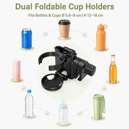 ZealSound Stroller Cup Holder, 3-in-1 Bottle Holder with Phone Holders for Stroller Wheelchair Scooter Walker Bike, Foldable Universal Drink Holder for Uppababy Bugaboo Nuna Doona