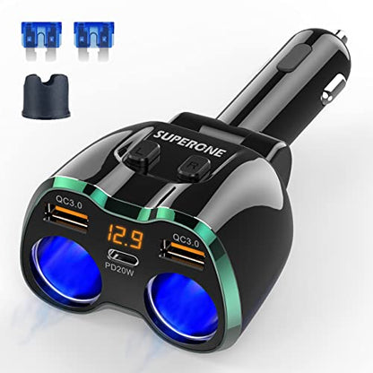 SUPERONE 180W 2-Socket Cigarette Lighter Splitter with QC3.0 & 20W PD USB C - color: Green