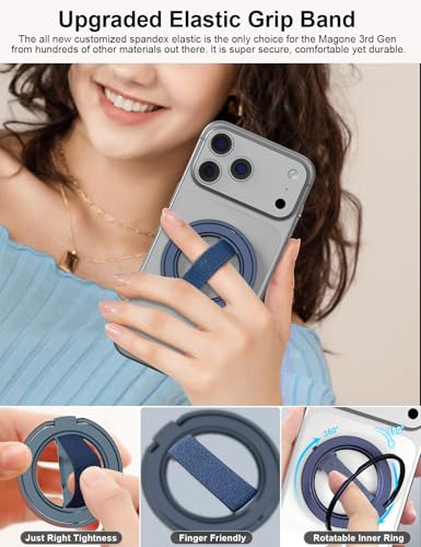 EWA MagOne Gen 3.5 [Compatible with MagSafe] Phone Grip Stand with Finger Strap, Removable Magnetic Ring Holder Kickstand Loop for iPhone 17,16,15,14,13,12 Series (Blue) - color: Blue