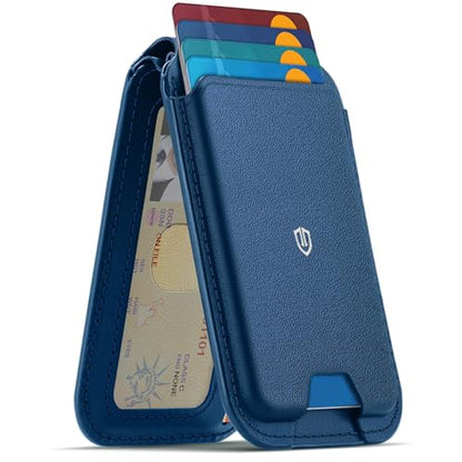 SHIELDON Genuine Leather Magnetic Wallet Stand for MagSafe, Royal Blue | Strong Magnetic, Card Holder, Kickstand, Angle Adjustment, Rfid Blocking, for iPhone 17/16/15/14/13/12 Series & Magnet Case - color: Royal Blue