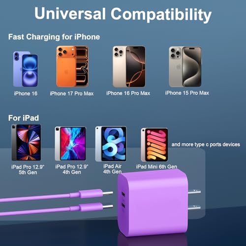 Phone 17 16 15 Charger USB C Wall Charger Block with 10FT USB C Fast Charging Cable for Phone 17 16 15/16 15 Plus/16 15 Pro/17 16 15 Pro Max - color: purple, size: 10 Feet
