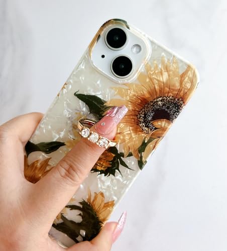 Qokey for iPhone 13/14 Case 6.1 inch,Flower Design Cute Clear for Women Girls with 360 Degree Rotating Ring Kickstand Soft TPU Shockproof Cover Sunflower - color: Sunflower