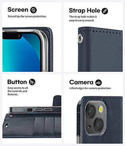 GOOSPERY Bluemoon Wallet Compatible with iPhone 13 Mini Case, Premium PU Leather Standing Feature Flip Card Holder Phone Cover (Navy) - color: Navy, size: iPhone 13 Mini