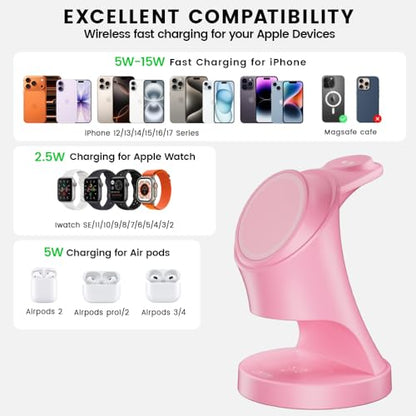 3 in 1 Wireless Charging Station for Apple Devices, Pink - color: Pink