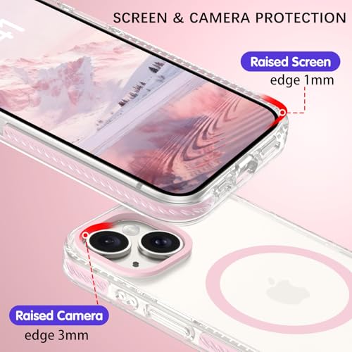 GUAGUA Magnetic for iPhone 15 Case, [Compatible with Magsafe] Military Shockproof Protective Bumper Cute Transparent Slim Anti-Yellowing Phone Cover for iPhone 15 6.1", Clear Pink - size: iPhone 15
