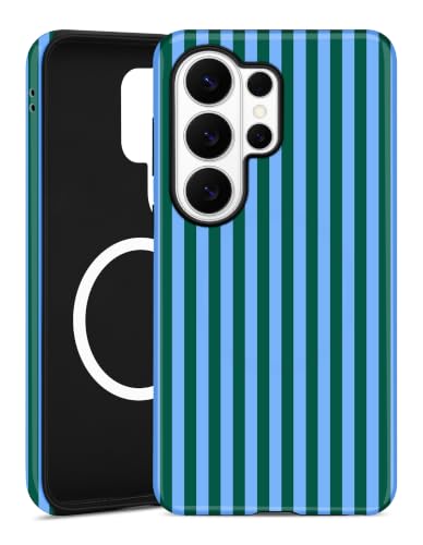 Magnetic Striped Phone Case for Samsung Galaxy A16 5G, Blue Green | Compatible with MagSafe, Cute Stripes Aesthetic Design, TPU and PC Protective Phone Cover for Women Men Girls Boys - color: Blue Green