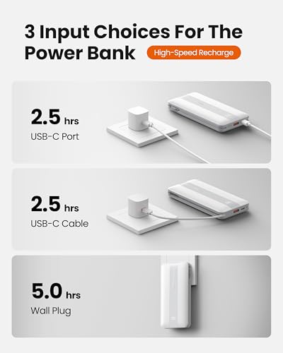 Fast Charging Power Bank, USB C Portable Charger Built-in Cables and Wall Plug, 10500mAh 22.5W 4 Outputs 3 Inputs LED Display External Battery Pack Compatible with iPhone/Android (White) - color: White