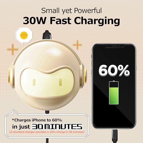 Cute 30W USB C Night Light Wall Charger Space Bot GaN Fast PD Charging Block - Touch Dimmable LED Lamp Power Adapter for iPhone 16, 15 Pro Max, Galaxy S24, iPad, MacBook Air (Beige) - color: Beige