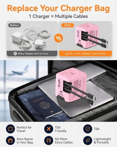 W & O 60W Gan Fast Charger Wall Plug, Built-in Retractable USB-C & L Cables - color: Pink