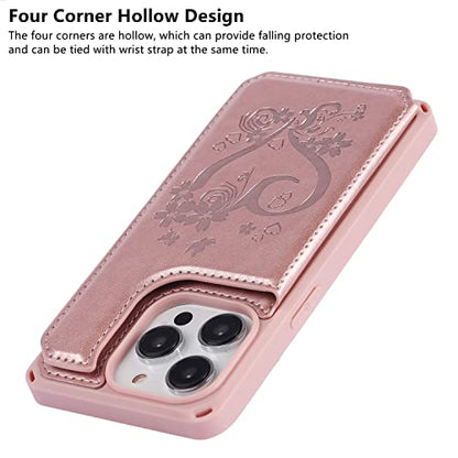 iCoverCase Compatible with iPhone 14 Pro Wallet Phone Case with Card Holder for Women, RFID Blocking Embossed PU Leather Wrist Strap Case 6.1 Inch (Heart Rose Gold) - color: H-Rose Gold
