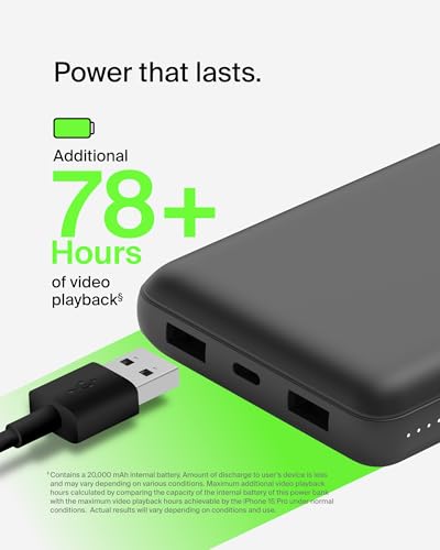Belkin 20000mAh 15W 3 Port Power Bank, USB A to USB C Cable Included - color: Black