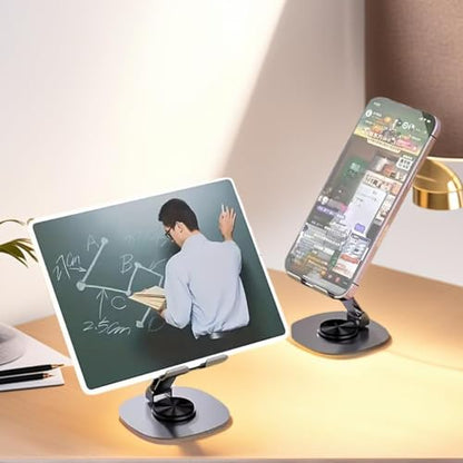 Adjustable Phone Stand for Desk 360 Rotating Foldable Cell Phone Holder Desktop Portable Cellphone Stand, Office Desk Accessories Compatible for iPhone 16 15 14 13 Pro Max, Smartphones, iPad (Grey)