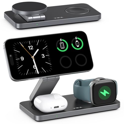 VBA 3 in 1 Wireless Charging Station for Apple MagSafe Charger,Foldable Fast Charging Magnetic Wireless Charger Stand,Travel Charger for iPhone 17 Air 16 15 14 13 12,Apple Watch,AirPods (Black) - color: Black