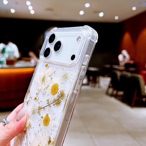 Compatible with iPhone 17 Pro Max Case Clear Flowers Shockproof | Handmade Natural Pressed Dried Real Flower Gliter Shockproof TPU Slim Protective phone cover for women girls - color: White Flower, size: iphone 17 Pro Max