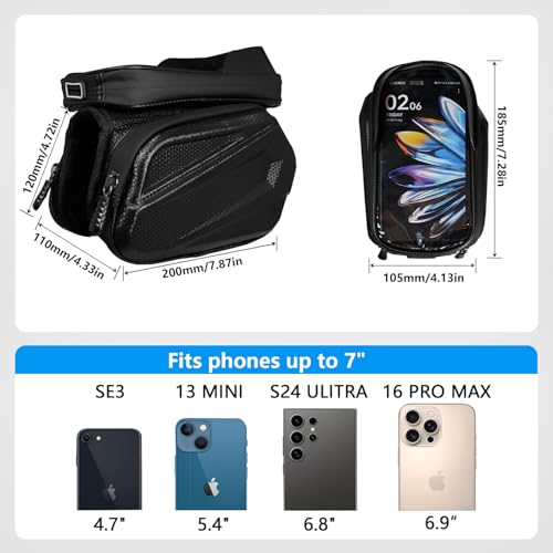 Bike Frame Bag Waterproof, Touchscreen Phone Holder for Top Tube & Ebike | Waterproof touchscreen bike phone holder for top tube, handlebar & ebike; EVA hardcase fits 7" phones, 360 swivel detachable