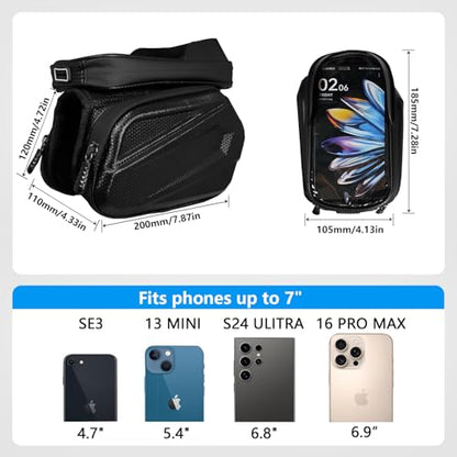 Bike Frame Bag Waterproof, Touchscreen Phone Holder for Top Tube & Ebike | Waterproof touchscreen bike phone holder for top tube, handlebar & ebike; EVA hardcase fits 7" phones, 360 swivel detachable