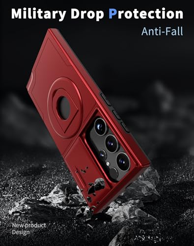 ANNGELAS for Samsung Galaxy S23 Ultra Mag Safe Kickstand Case with Slide Camera Cover,Slim Shockproof Military Heavy Duty Anti Drop Full Body Protection,360 Rotating Stand Magnetic Phone Case(Red) - color: Magnetic Stand Red