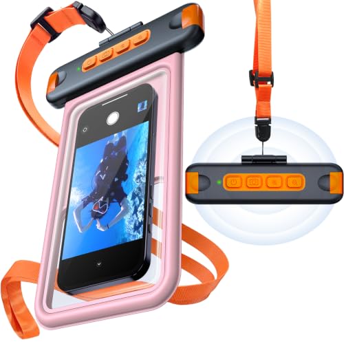 IP68 Bluetooth Shutter Waterproof Phone Pouch Case,Floating,Pink | Hands-Free Photo & Video Underwater Control.Large Waterproof Phone Case Universal Fit for 8.5" Phone(iPhone Samsung Google) - color: Pink