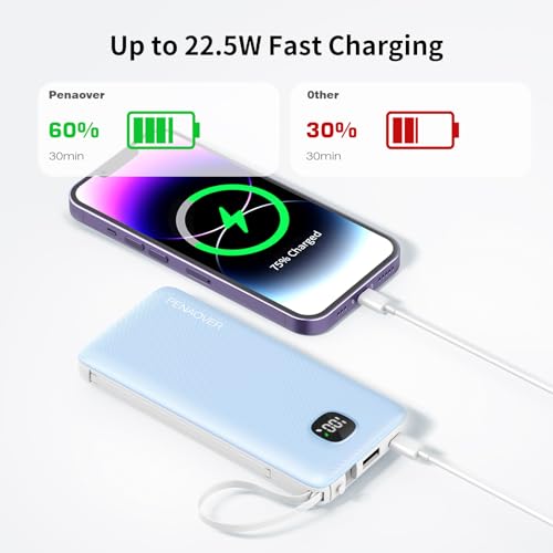 Portable Charger 10000mAh 22.5W Power Bank,Built-in 3 Cables & AC Wall Plug - color: Blue