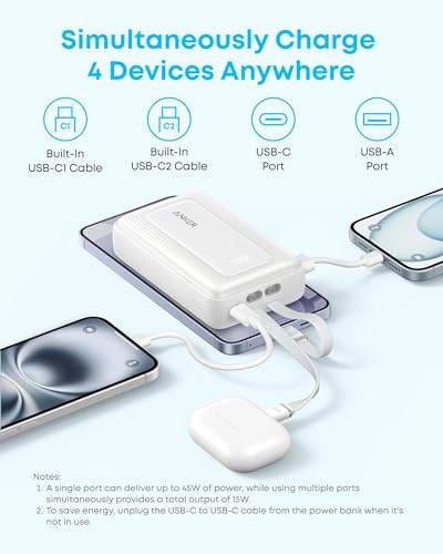 Anker Power Bank,20,000mAh 45W Portable Charger,Dual Built-in USB-C Cables - color: Black, size: Built-in C cable*2