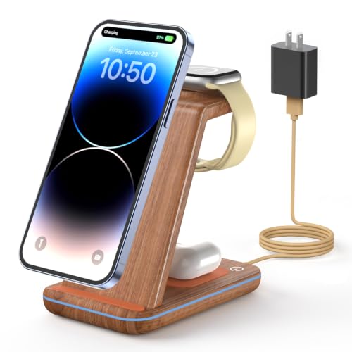 GEEKERA Wireless Charger, 3 in 1 Wireless Charging Station for iPhone Air/17/16/15/14/13/12/11, Phone and Watch Charger Stand for Apple Watch Ultra 3-2/11-2/SE, AirPods Pro/4/3/2, Dark Wood - color: Wood Grain