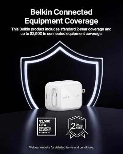 Belkin 45W GaN USB C Retractable Charger Block Fast Charging for Travel - color: White, style: 45W