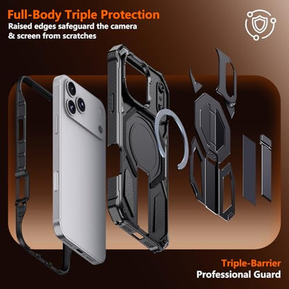 for iPhone 17 Pro Max Case with Kickstand, [15FT Military-Grade Drop Protection] [Compatible with MagSafe] Rugged Shockproof Heavy Duty Magnetic iPhone 17 Pro Max Phone Case Cover (Black) - color: Black
