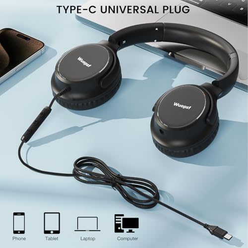 USB C Wired Over-Ear Headphones with Microphone - color: Black