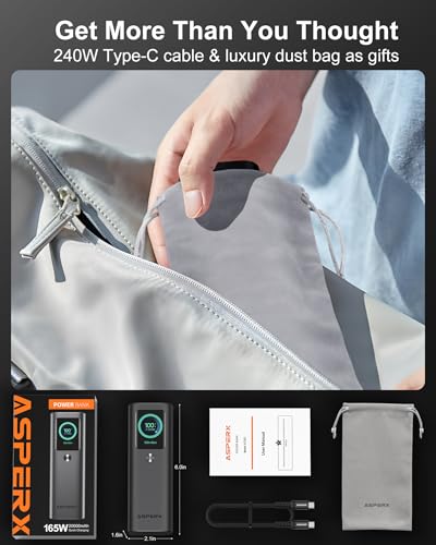 AsperX Laptop Power Bank, 165W 20,000mAh Retractable Cable Aluminum Unibody - color: Grey