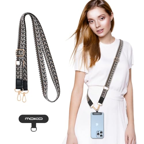 MoKo Universal Phone Lanyard, Braided Adjustable Cell Phone Crossbody Strap Detachable Women & Men Cellphone Lanyards Around The Neck with Patches for iPhone, Most Smartphones, Black & Gray - color: Black & Gray