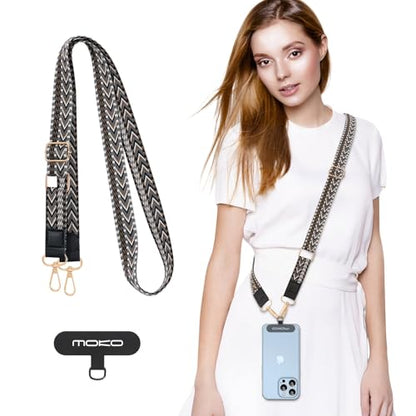 MoKo Universal Phone Lanyard, Braided Adjustable Cell Phone Crossbody Strap Detachable Women & Men Cellphone Lanyards Around The Neck with Patches for iPhone, Most Smartphones, Black & Gray - color: Black & Gray