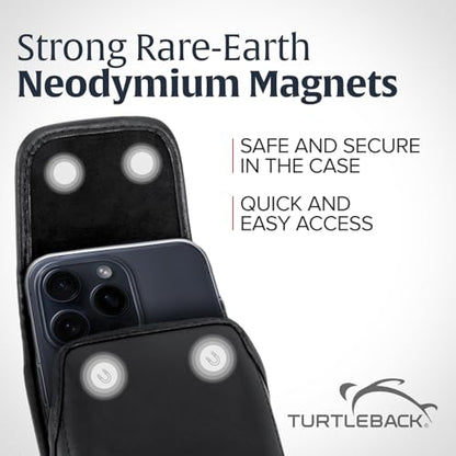 Turtleback Belt Clip for iPhone 16 Pro, 16e, 15 pro 14 Pro 13 Pro -Small- Fits w/Slim MagSafe Style Cases - Premium Black Leather, Vertical Belt Holder, Magnetic Closure, HD Rotating Belt Clip - color: Vertical - Leather w/ Metal Clip, size: Small