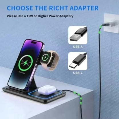 Dual Coil 3 in 1 Wireless Charger Stand Stable Charging No Interruption 15W Fast Charge for iPhone Apple Watch AirPods (Black)