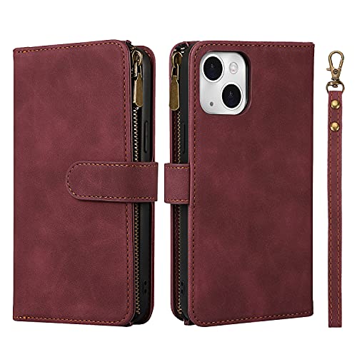 iCoverCase Compatible with iPhone 13 Wallet Phone Case with Card Holder, PU Leather Zipper Pocket Magnetic Detachable Flip Case with Wrist Strap (Claret) - color: Detachable--Claret