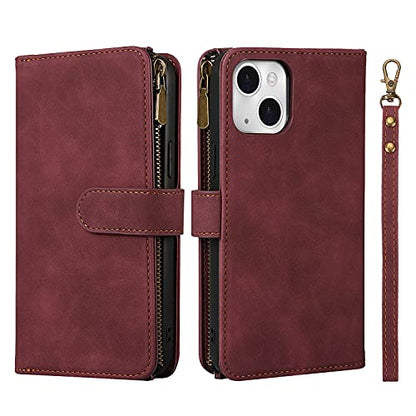 iCoverCase Compatible with iPhone 13 Wallet Phone Case with Card Holder, PU Leather Zipper Pocket Magnetic Detachable Flip Case with Wrist Strap (Claret) - color: Detachable--Claret