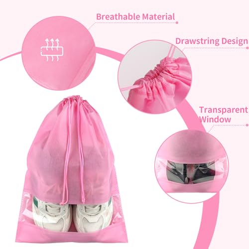 Pink Travel Shoe Bags - 10 Pcs Non-Woven Packing Bags with Clear Window | 15.7" x 11.8" Waterproof Dustproof Portable Travel Shoe Storage Bag for Men and Women - color: Pink, style: 10 Pack