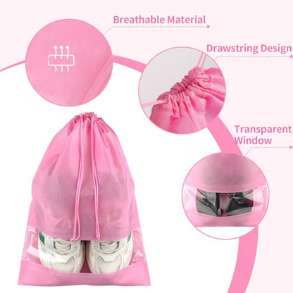 Pink Travel Shoe Bags - 5 Pcs Non-Woven Packing Bags with Clear Window | 15.7" x 11.8" Waterproof Dustproof Portable Travel Shoe Storage Bag for Men and Women - color: Pink, style: 5 Pack